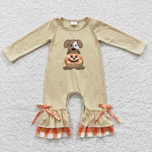 LR0290 Halloween Pumpkin Dog Orange Embroidery Girls Long Sleeve Romper