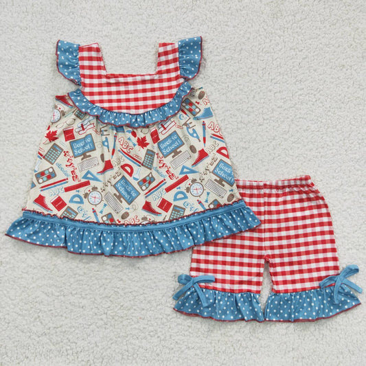 GSSO0345 Back To School Blue Red Girls Short Sleeve Shorts Outfits