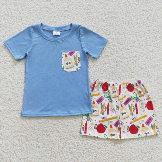 BSSO0278 Back To School Blue Red Boys Short Sleeve Shorts Outfits