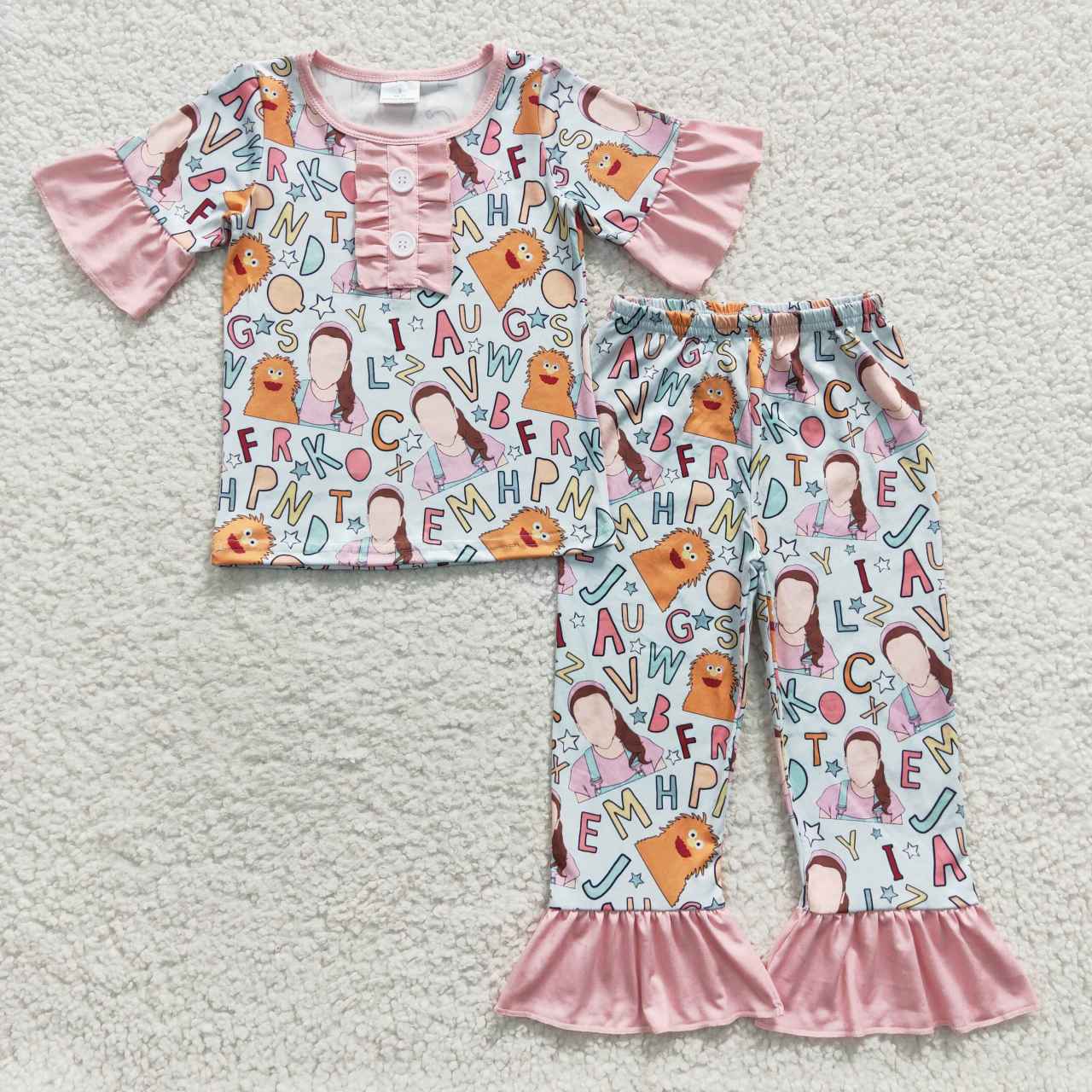 GSPO0669 Pink Cartoon English Music Ms Pencil Girls Short Sleeve Pants Outfits Pajamas