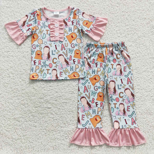 GSPO0669 Pink Cartoon English Music Ms Pencil Girls Short Sleeve Pants Outfits Pajamas