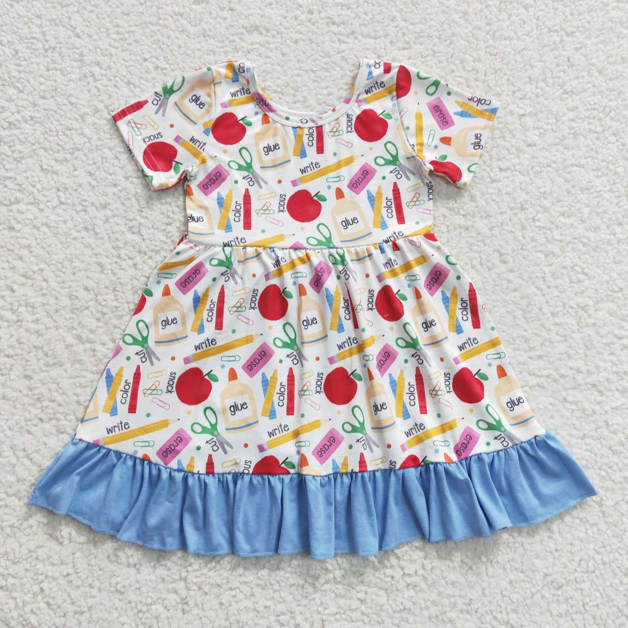 GSD0394 Back To School Apple Blue Red Girls Flutter Sleeve Dresses