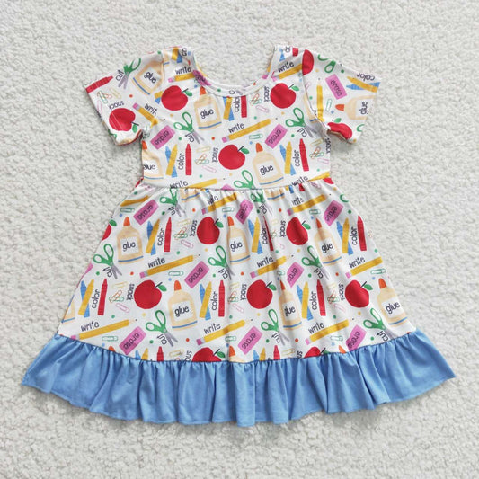 GSD0394 Back To School Apple Blue Red Girls Flutter Sleeve Dresses