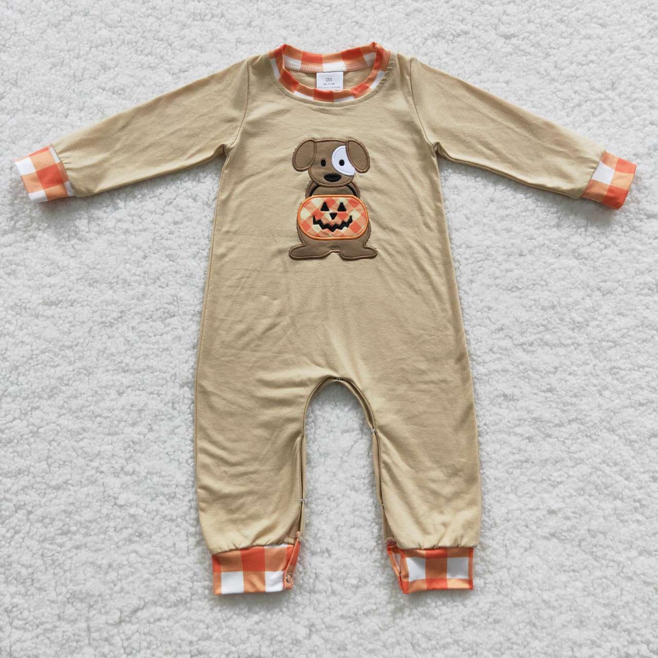 LR0291 Halloween Pumpkin Dog Orange Embroidery Boys Long Sleeve Romper