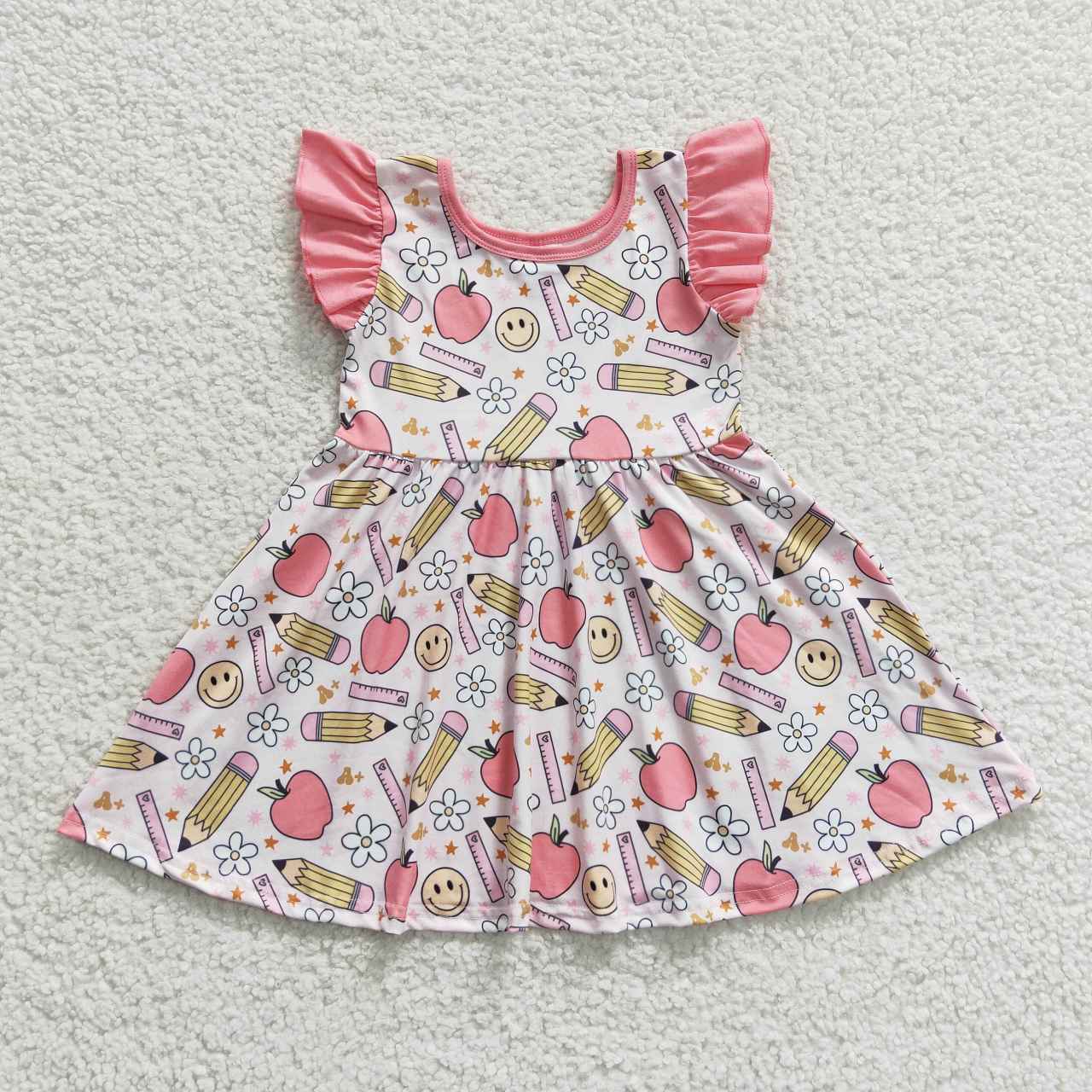 GSD0406 Back To School Apple Pink Pencil Girls Flutter Sleeve Dresses