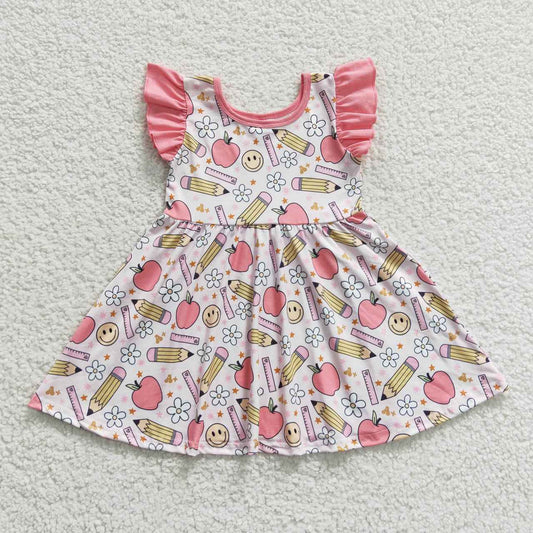 GSD0406 Back To School Apple Pink Pencil Girls Flutter Sleeve Dresses