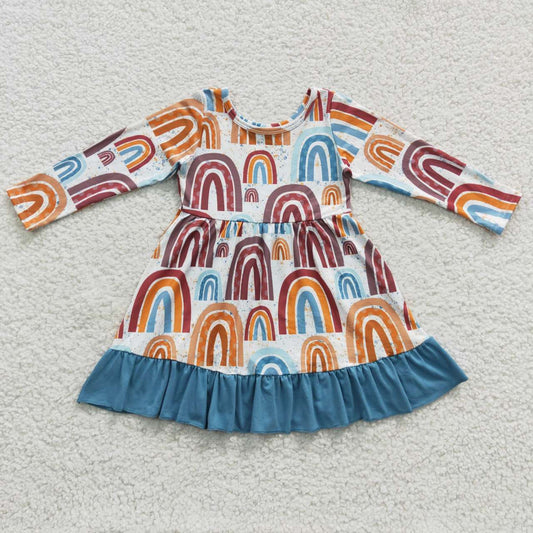 GLD0205 Blue Orange Rainbow  Girls Long Sleeve Dresses