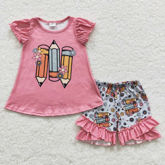 GSSO0356 Back To School Pink Pencil Girls Flutter Sleeve Shorts Outfits