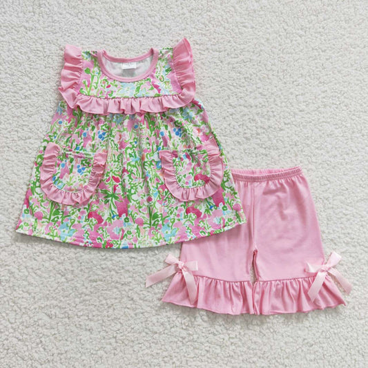 GSSO0338 Pink Tie dye Pockets Girls Short Sleeve Shorts Outfits