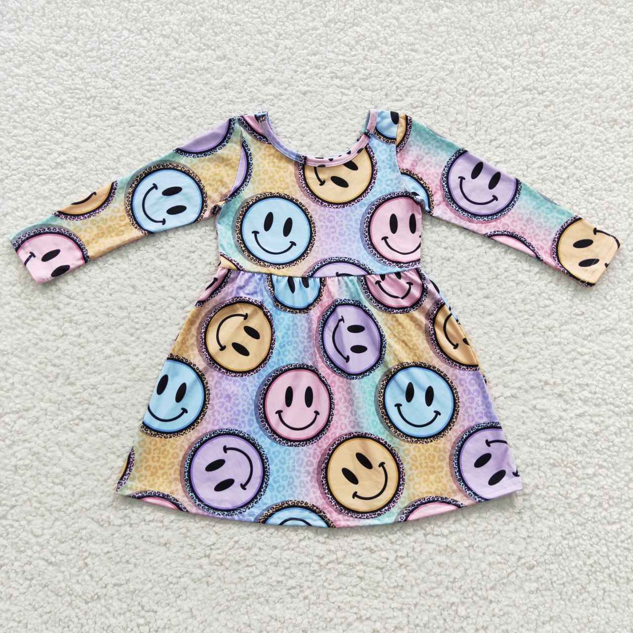 GLD0200 Blue Yellow Emoji Smile Cartoon  Girls Long Sleeve Dresses