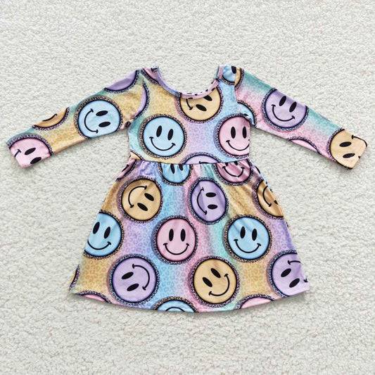 GLD0200 Blue Yellow Emoji Smile Cartoon  Girls Long Sleeve Dresses