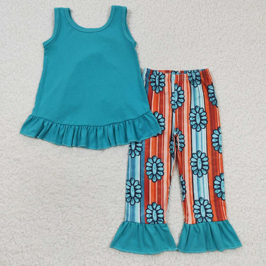 GSPO0665 Blue Western Bow Girls Sleeveless Bell Bottom Pants Outfits