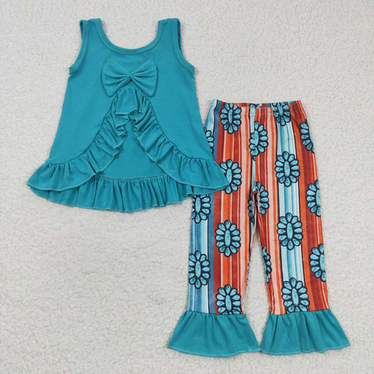 GSPO0665 Blue Western Bow Girls Sleeveless Bell Bottom Pants Outfits