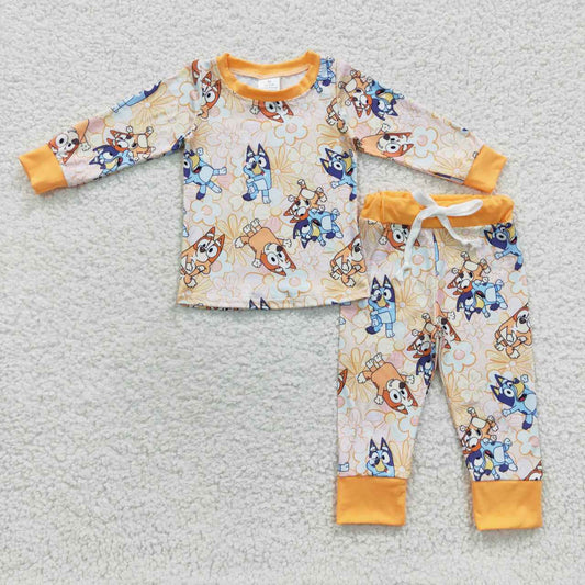 GLP0467 Yellow Dog Cartoon Girls Long Sleeve Pants Outfits Pajamas