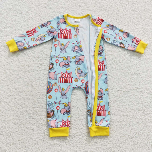 LR0346 Blue Yellow Alaphant Cartoon Print   Zipper Girls Long Sleeve Romper