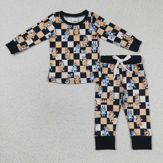 BLP0190 Black Plaid Dog Cartoon Boys Long Sleeve Pants Outfits Pajamas