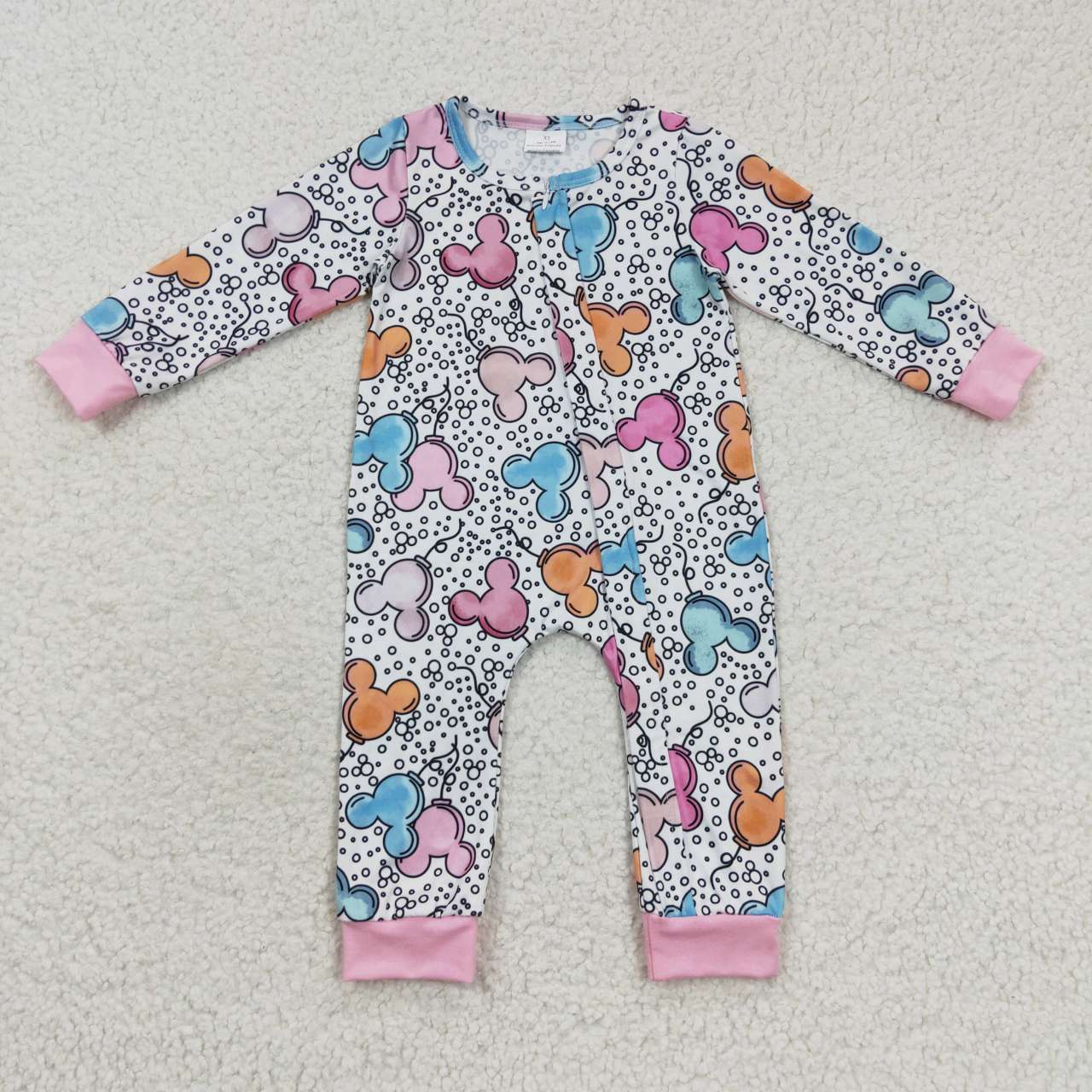 LR0300 Pink Blue Leopard M Cartoon Print   Zipper Girls Long Sleeve Romper