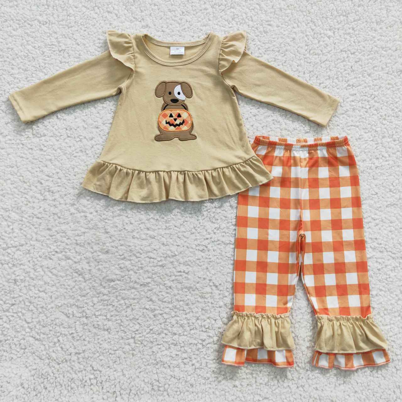 GLP0433 Halloween Pumpkin Dog Orange Embroidery Girls Long Sleeve Pants Outfits