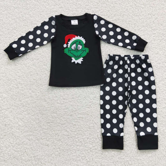 6 B13-17 Embroidery Black Dots Print Christmas Cartoon Girls Long Sleeve Bell Bottom Pants Outfits Pajamas