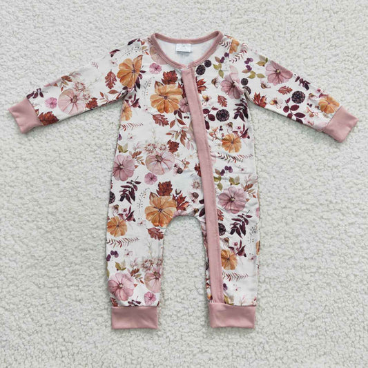 LR0363 Halloween Pumpkin Pink Floral Zipper Girls Long Sleeve Romper