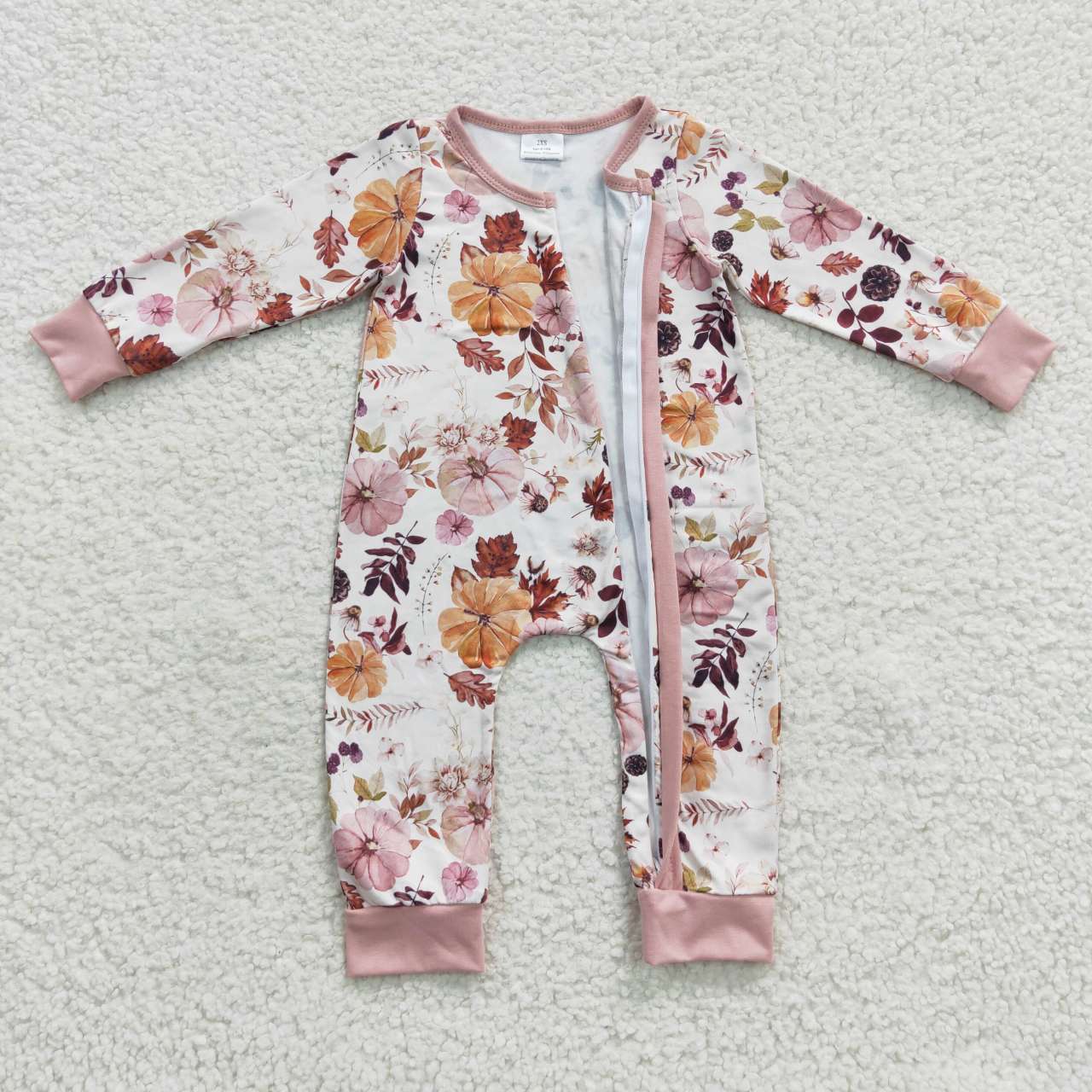 LR0363 Halloween Pumpkin Pink Floral Zipper Girls Long Sleeve Romper