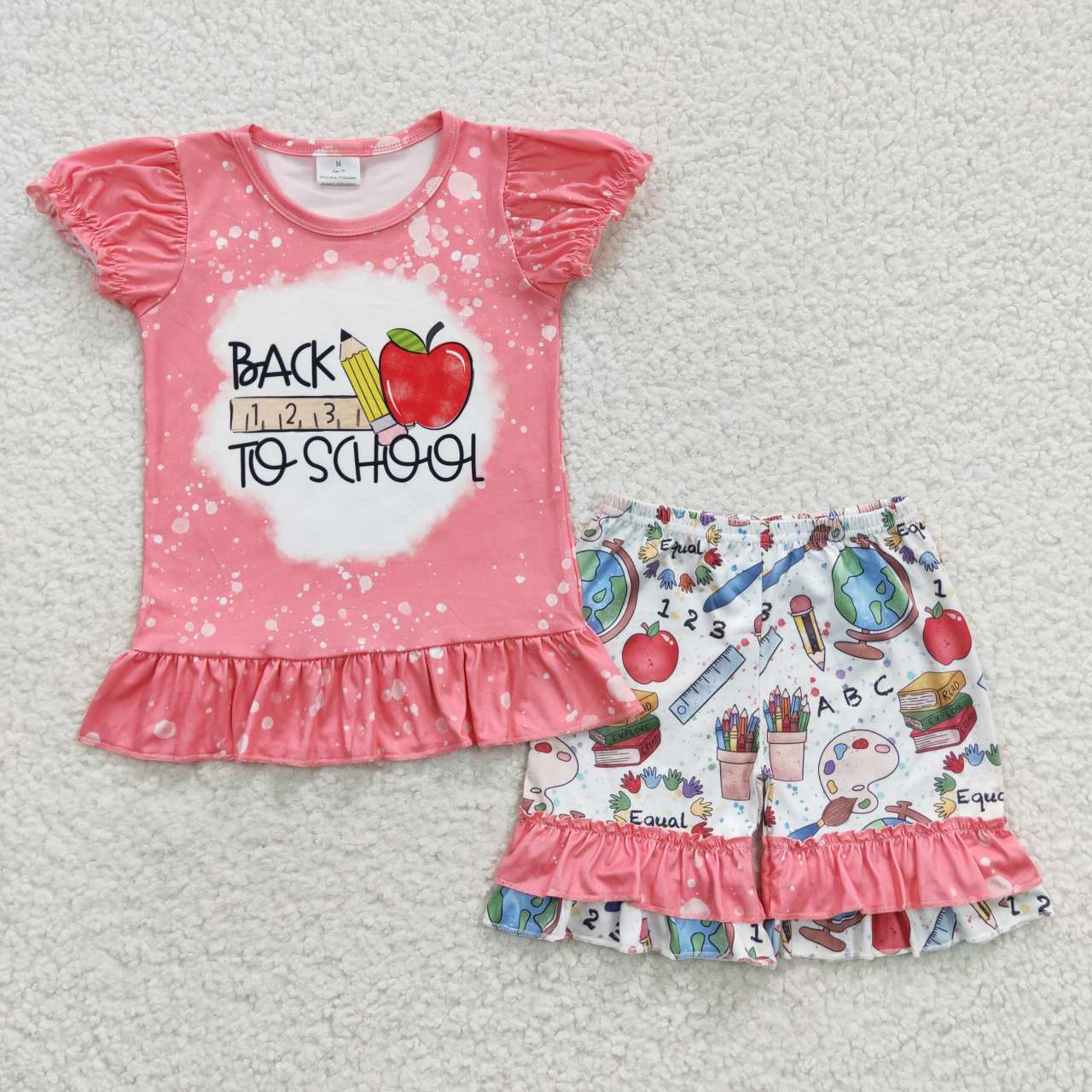 GSSO0355 Back To School Pink Pencil Apple Girls Flutter Sleeve Shorts Outfits