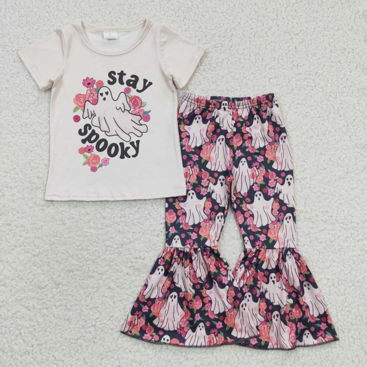 GSPO0664 Halloween Pink Ghost Stay Spooky Floral Girls Short Sleeve Bell Bottom Pants Outfits