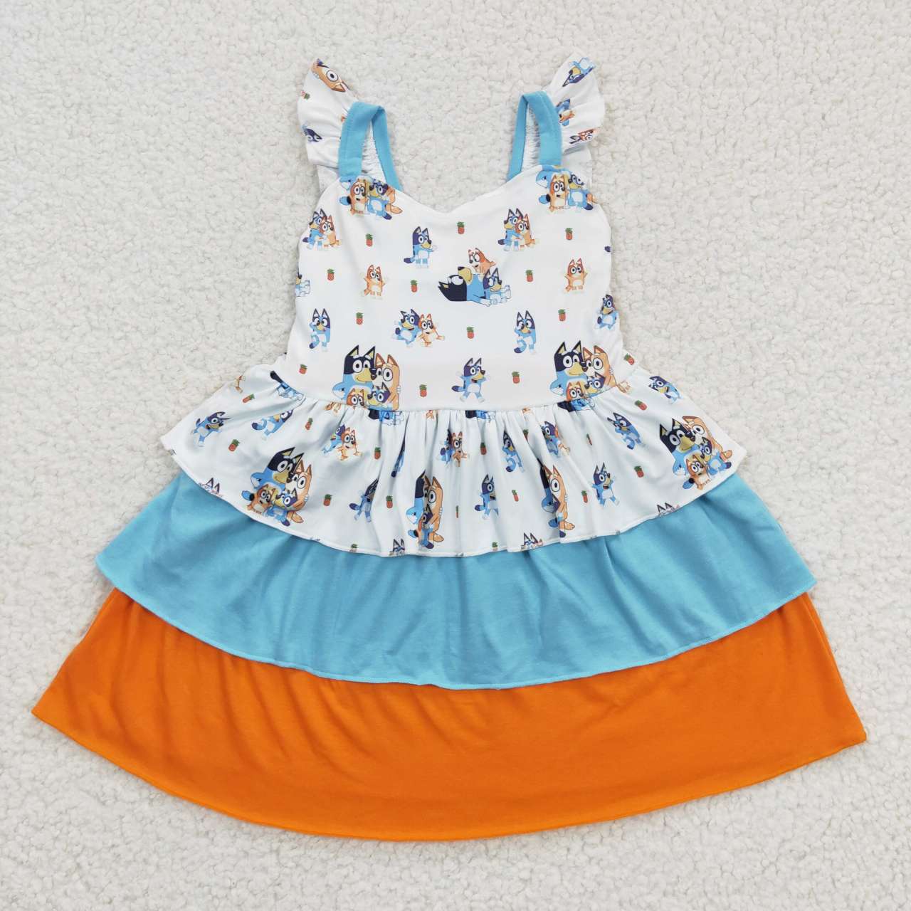 GSD0396 Blue Orange Dog Cartoon Ruffles Girls Flutter Sleeve Dresses