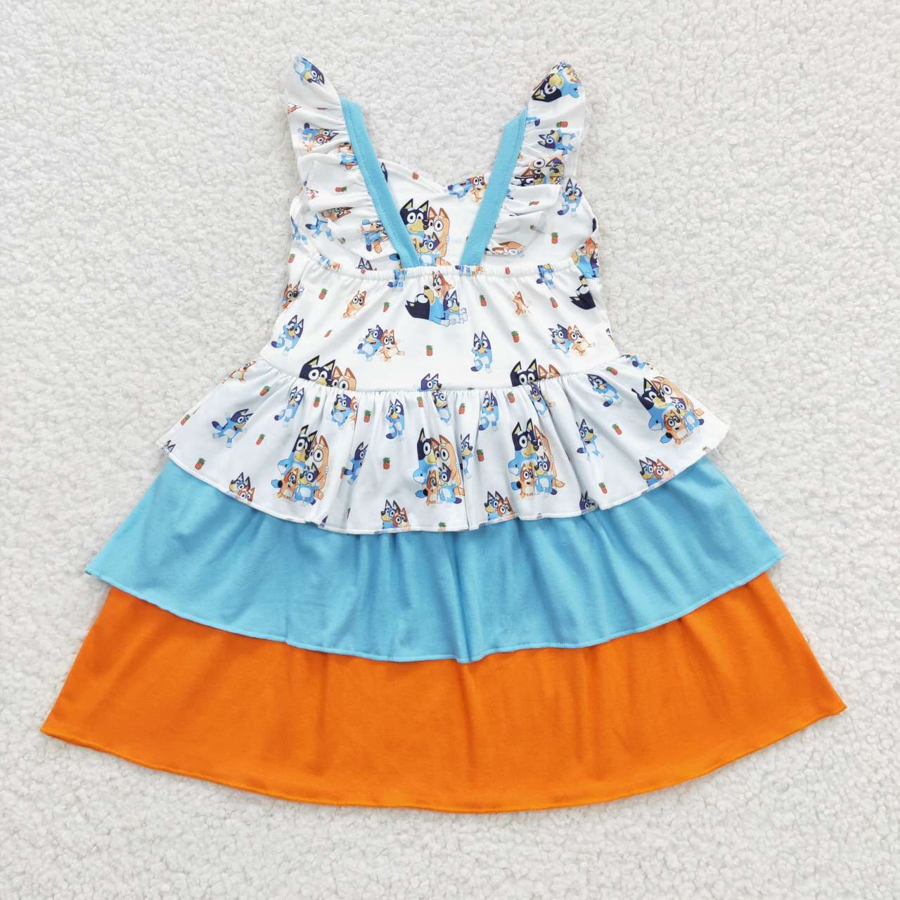 GSD0396 Blue Orange Dog Cartoon Ruffles Girls Flutter Sleeve Dresses