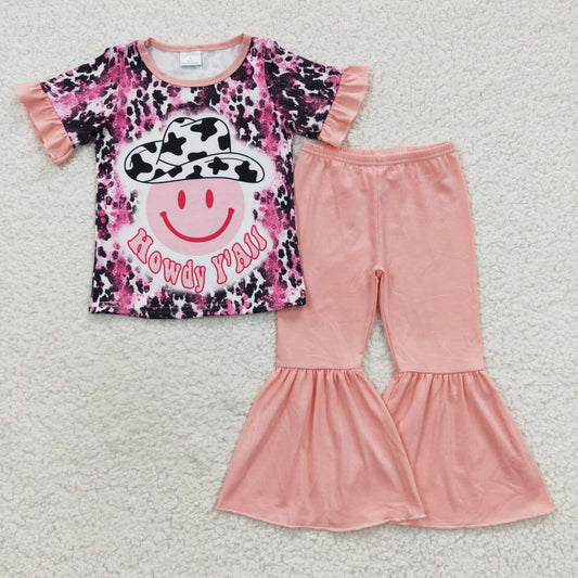 GSPO0701 Pink Western Howdy Yall Smile Emoji Girls Short Sleeve Pants Outfits