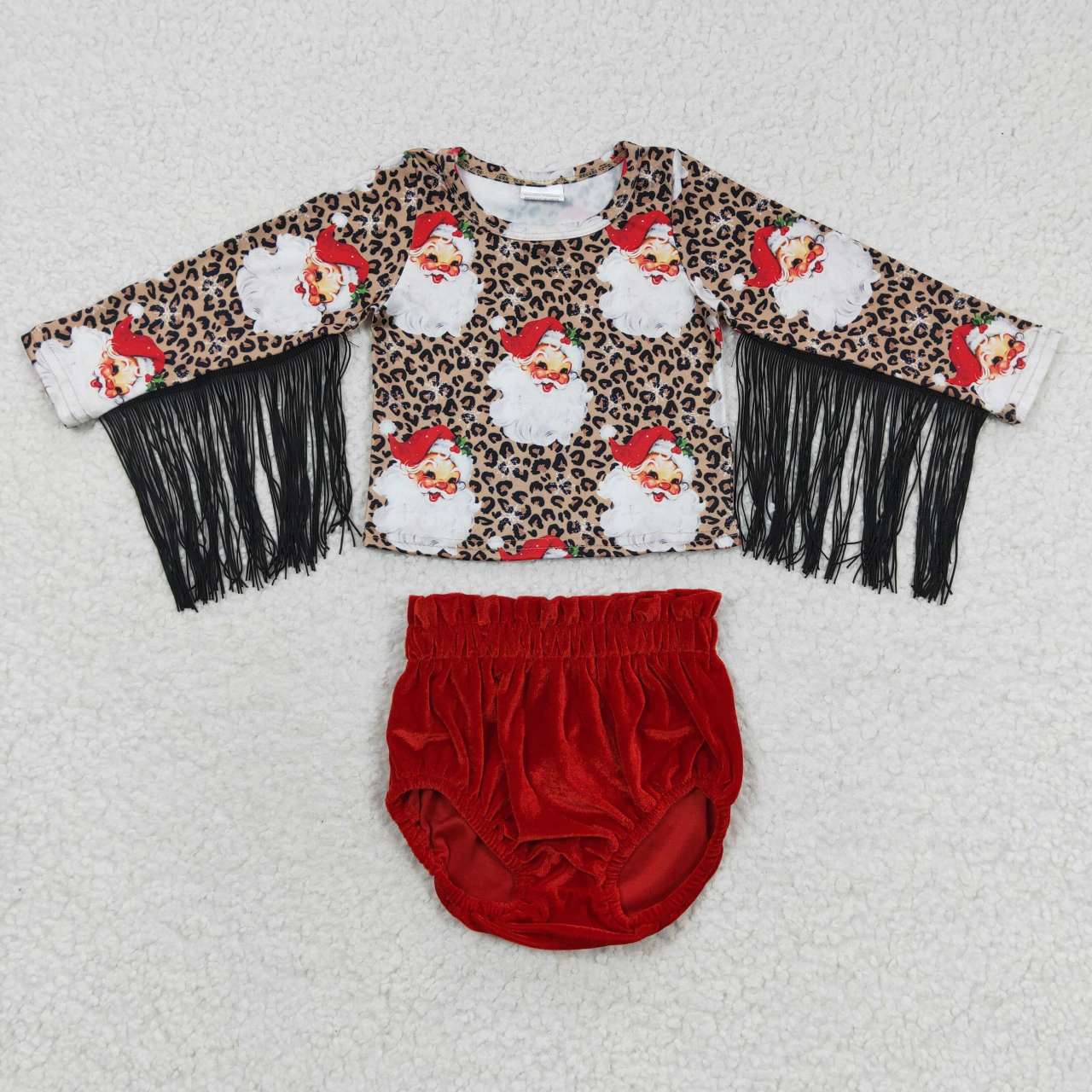 Christmas  Leopard Santa Red Tassel  Velvet Girls Short Sleeve Bummies Outfits