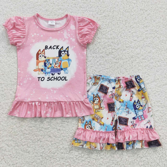 GSSO0360 Back To School  Pink Blue Dog Cartoon Print Girls Short Sleeve Shorts Outfits