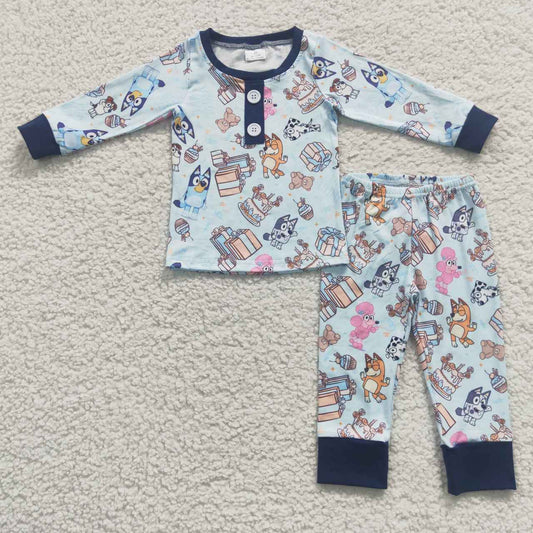 BLP0184 Blue Dog Cartoon Boys Long Sleeve Pants Outfits Pajamas