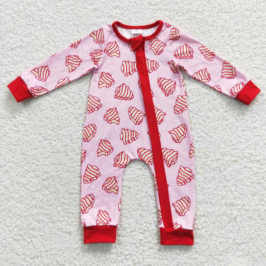 LR0340 Christmas Red Tree Print   Zipper Girls Long Sleeve Romper