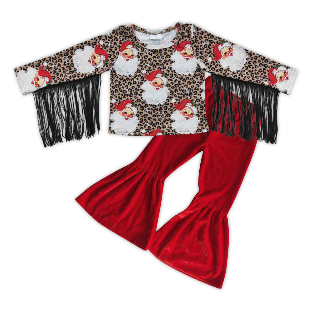 GLP0594 2Pcs Christmas Tassel Leopard Top + Red Velvet Girls Long Sleeve Pants Outfits