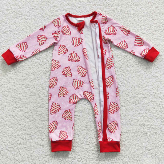 LR0340 Christmas Red Tree Print   Zipper Girls Long Sleeve Romper