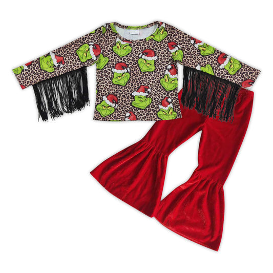 GLP0600 2Pcs Christmas Tassel Leopard Top + Red Velvet Girls Long Sleeve Pants Outfits