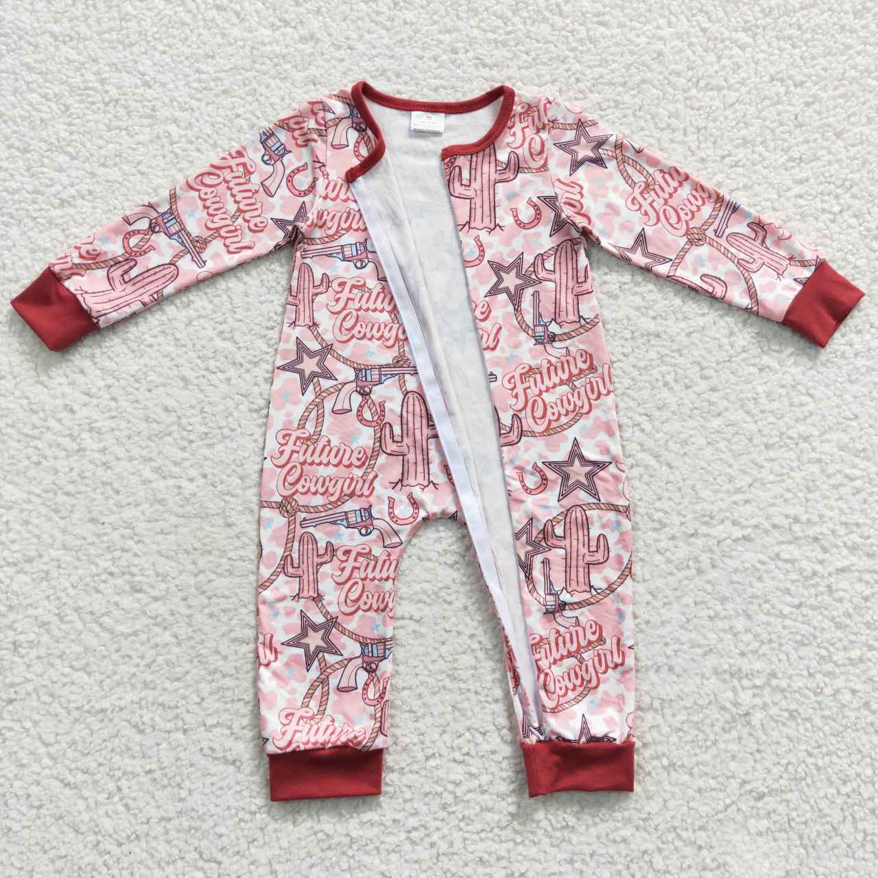 LR0306 Red Future Cowgirl Cactus  Print   Zipper Girls Long Sleeve Romper