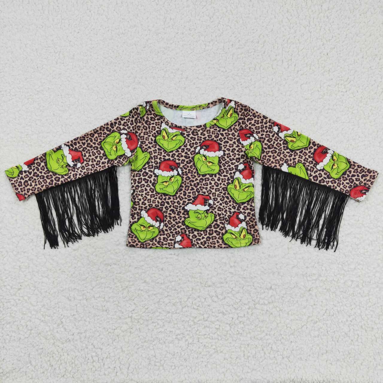 GT0190  Christmas  Leopard Santa Green Tassel Girls Short Sleeve Top T-shirts