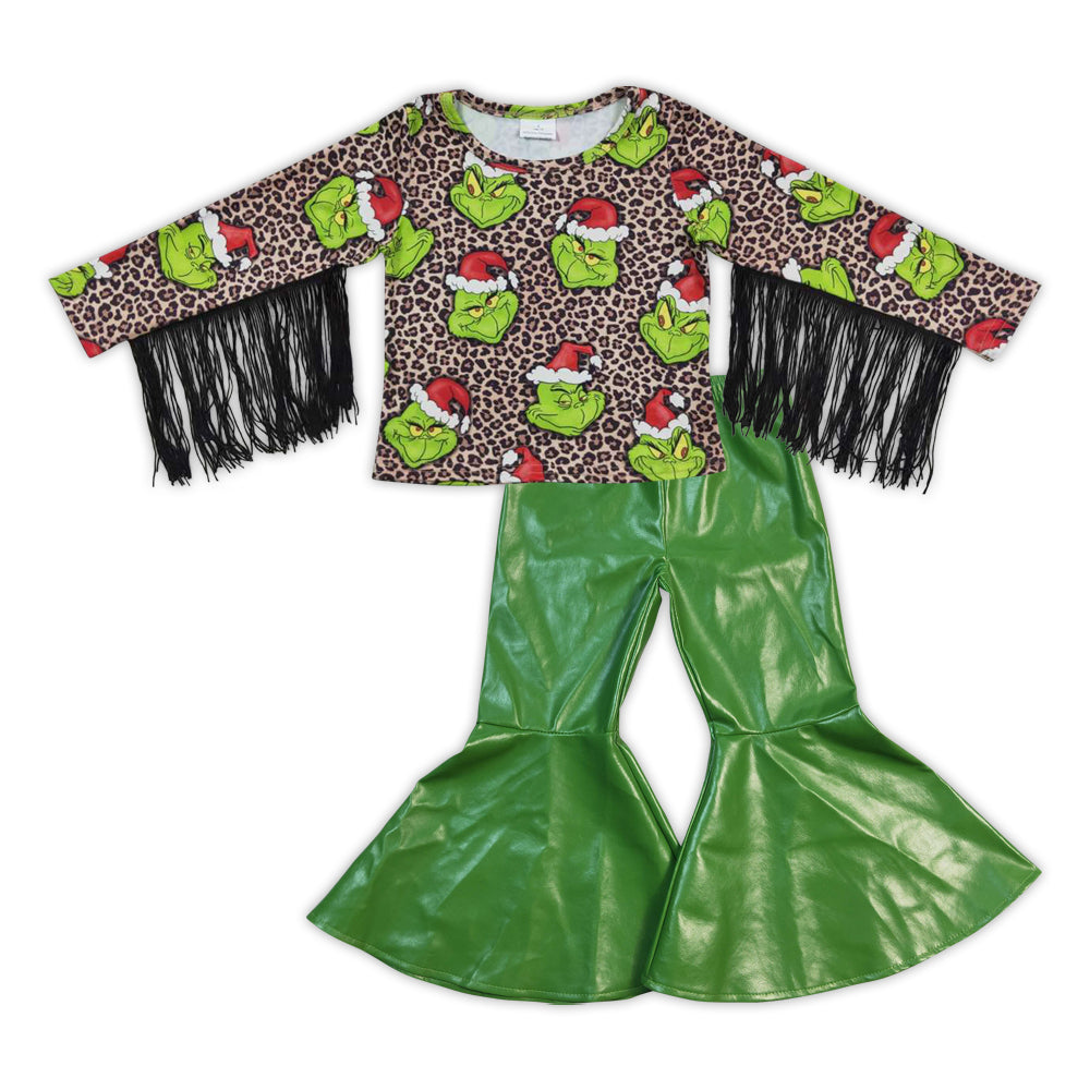 GLP0599 2Pcs GT0190 Christmas Green Leopard Top + Green Leather pants Girls Long Sleeve Bell Bottom Pants Outfits