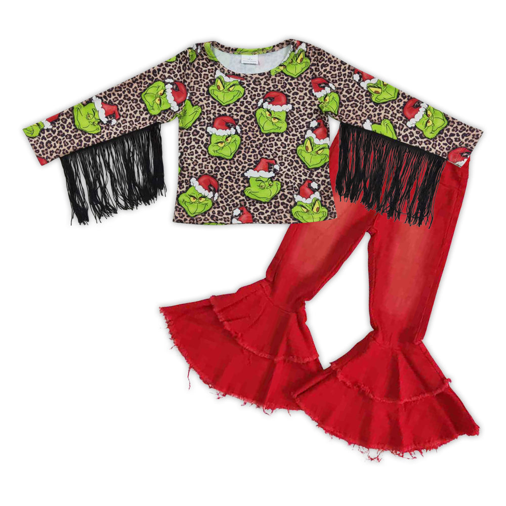 GLP0598  2Pcs 2Pcs GT0190 Christmas Green Leopard Top + Red Denim Girls Long Sleeve Bell Bottom Pants Outfits