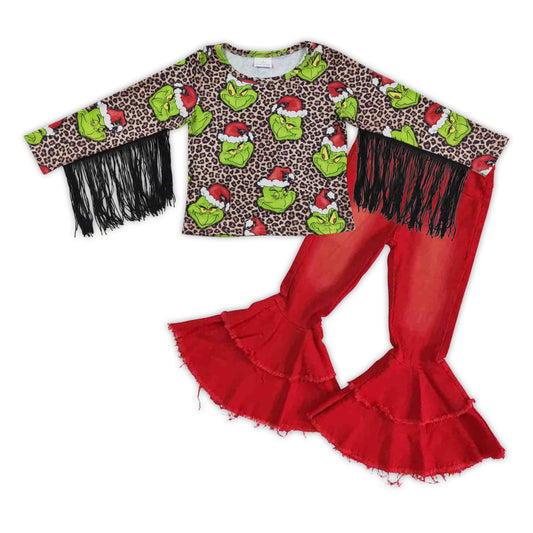 GLP0598  2Pcs 2Pcs GT0190 Christmas Green Leopard Top + Red Denim Girls Long Sleeve Bell Bottom Pants Outfits