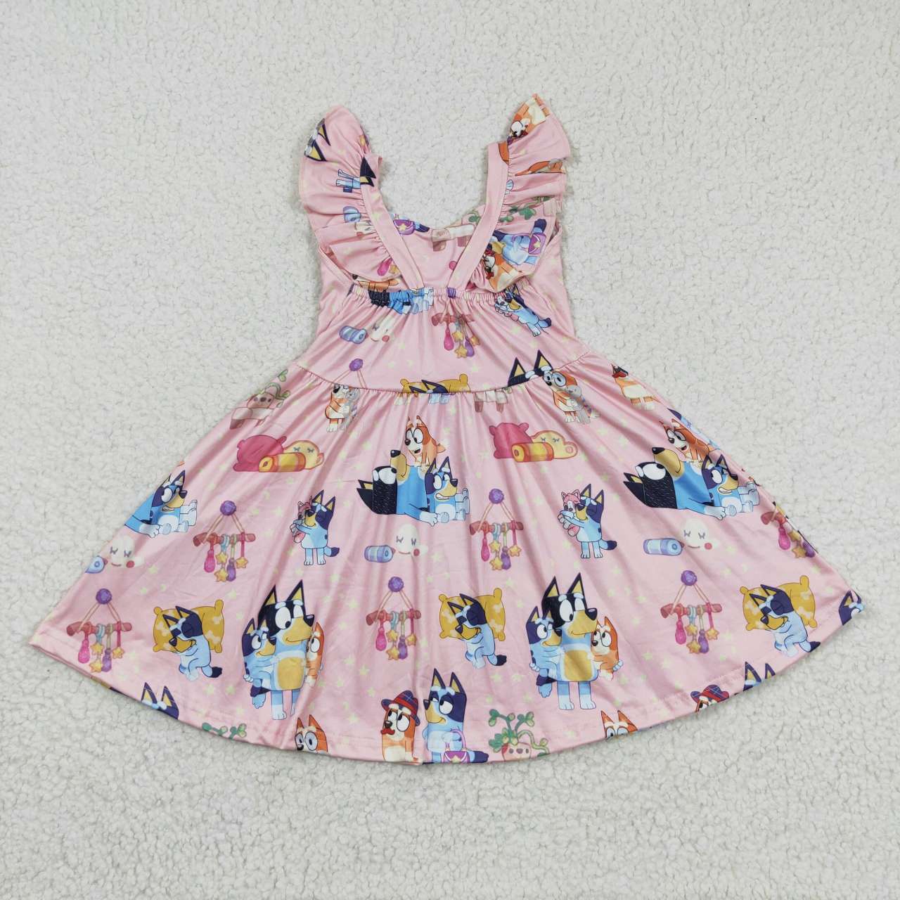 GSD0422 Blue Pink Dog Cartoon Girls Flutter Sleeve Dresses