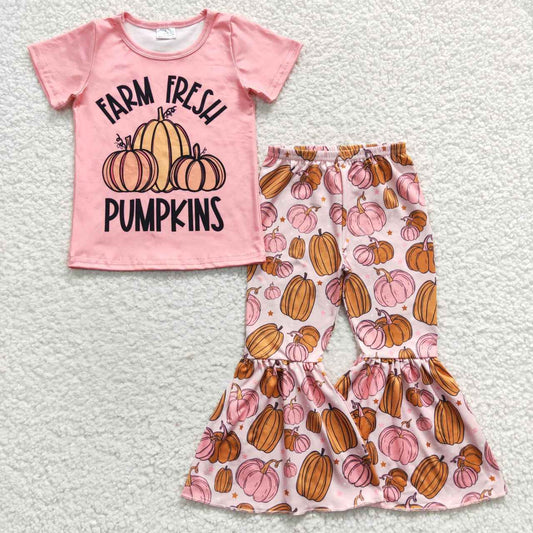 GSPO0607 Halloween Pink Farm Fresh Pumpkins  Girls Short Sleeve Bell Bottom Pants Outfits