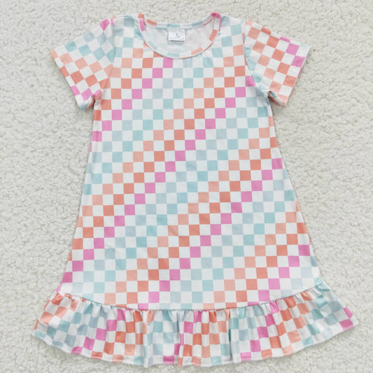 GSD0401 Pink Blue Plaid Girls Short Sleeve Dresses