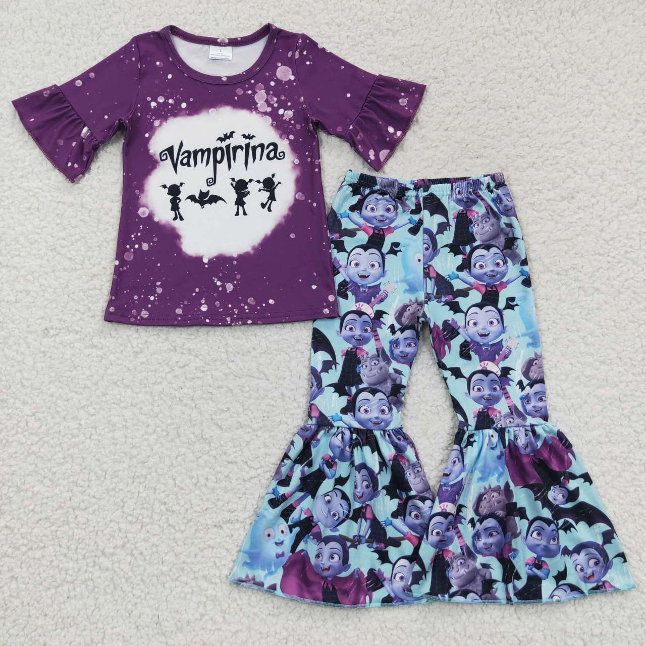 GSPO0638 Halloween Purple Bat Cartoon Girls Short Sleeve Bell Bottom Pants Outfits