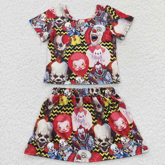 GSD0425 Halloween Red Clowen Ghost Cartoon Girls Short Sleeve With Skirt Dress Outfits