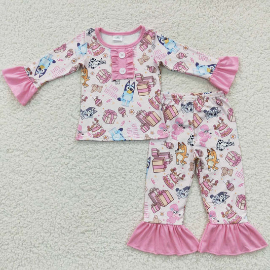 GLP0454 Pink Dog Cartoon Girls Long Sleeve Pants Outfits Pajamas