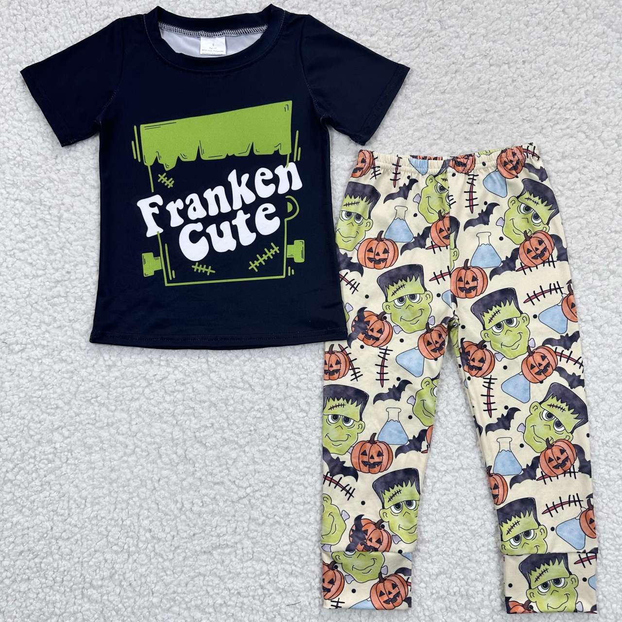 2Pcs BT0248 P0168 Halloween Green Pumpkin Boys Short Sleeve Pants Outfits