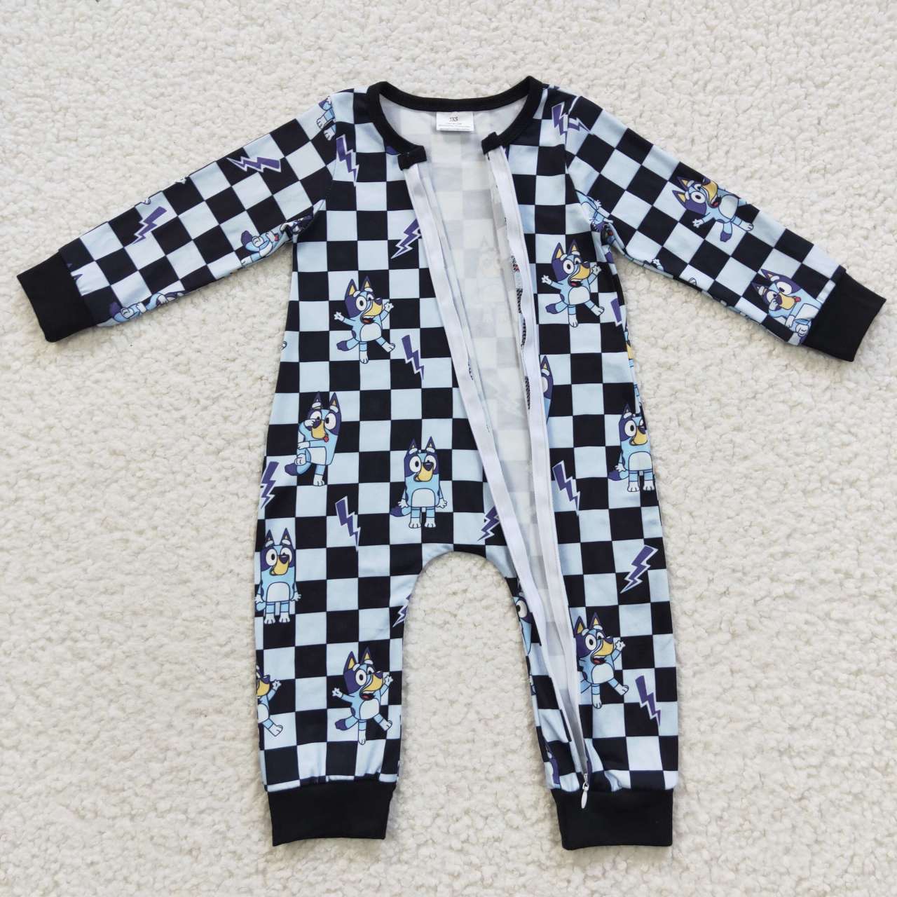 LR0303 Black Plaid Blue Dog Cartoon  Print   Zipper Girls Long Sleeve Romper